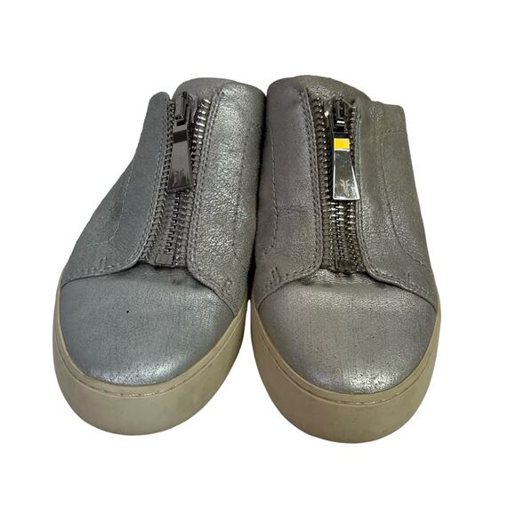 Frye Lena Slip On Mule Sneaker Size 7.5 Silver Metallic Zipper Leather Shoes - Picture 2 of 9